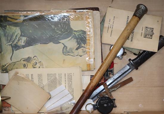 WWI/WWII Interest: Ephemera, including a Zeppelin, 1.32 aluminium ring, other WWI official press photos, Army Service Corps stick,